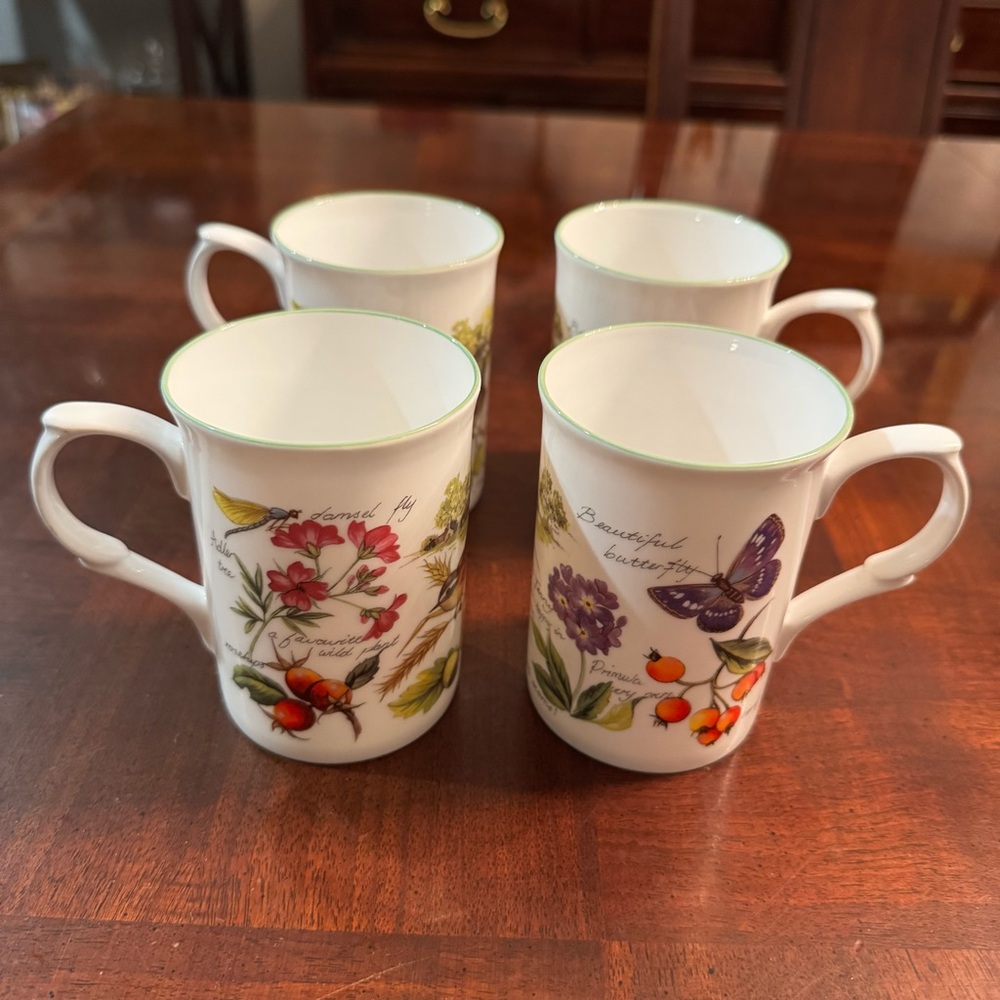 Set of 4 Rose of England Fine Bone China Flowers Butterflies Birds Mugs Cups
